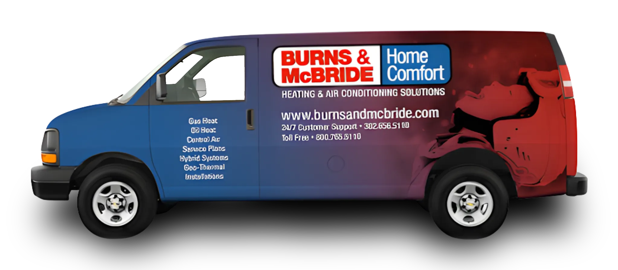 A Burns & McBride Home Comfort service van featuring company branding, contact information, and a list of heating and air conditioning services.