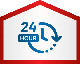 Blue 24-hour clock icon with an arrow circling clockwise, inside a white pentagon with a red border.