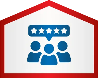 Three blue human icons with a five-star rating symbol above them, enclosed in a red-outlined house shape.
