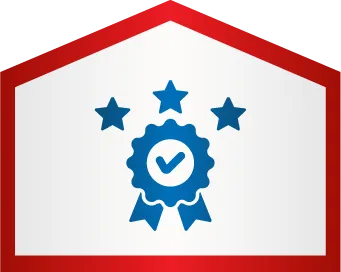 A blue checkmark badge with ribbons and three stars above, set inside a red-outlined pentagon.