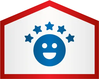A blue smiling face icon with five blue stars above it, inside a red-outlined pentagon on a white background.