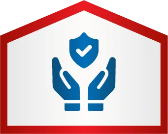 Two blue hands holding a shield with a checkmark inside, enclosed within a red-outlined house shape.